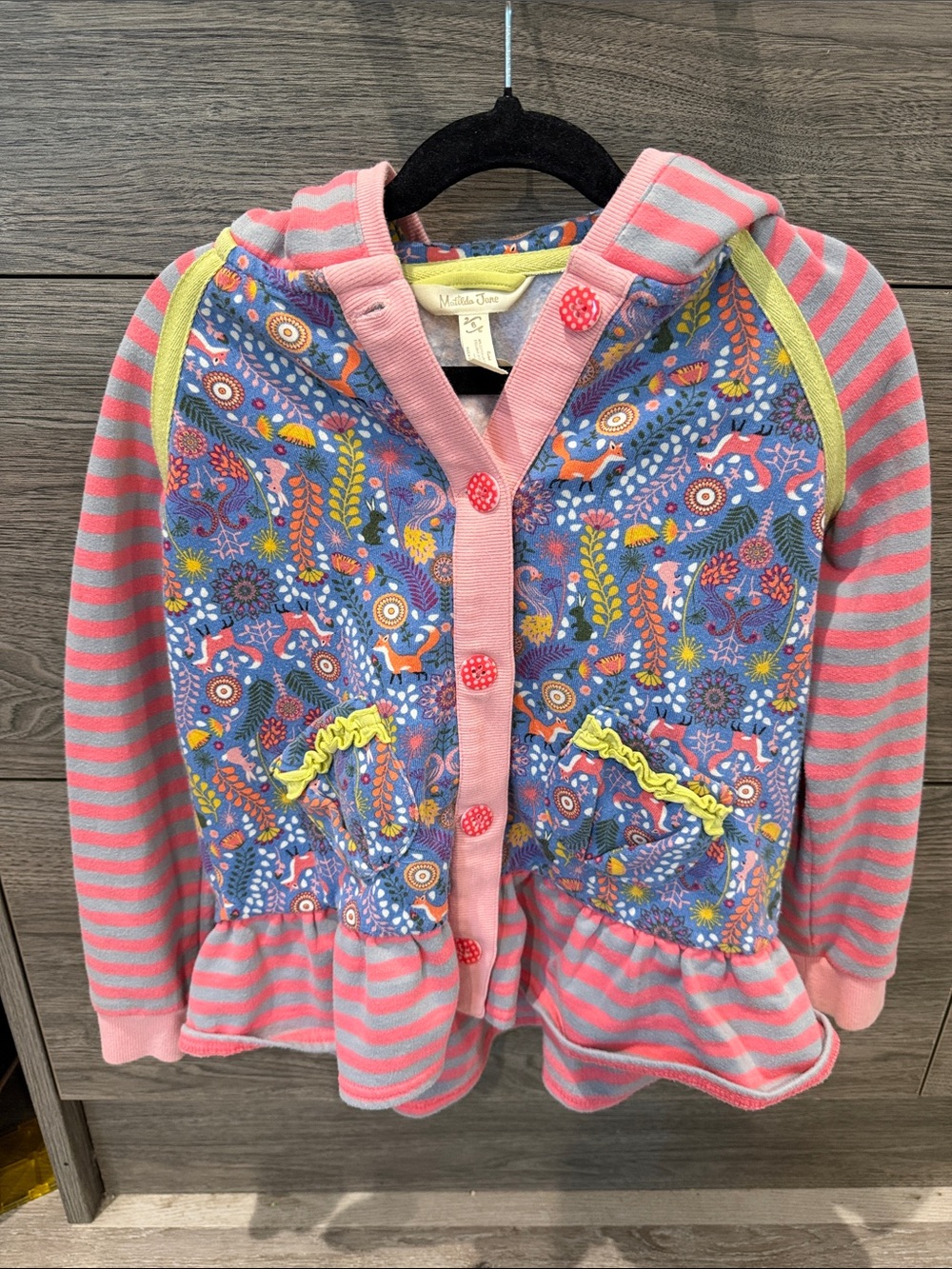 Vibrant Floral & Fox Hooded Button Up Sweatshirt - Pink & Blue